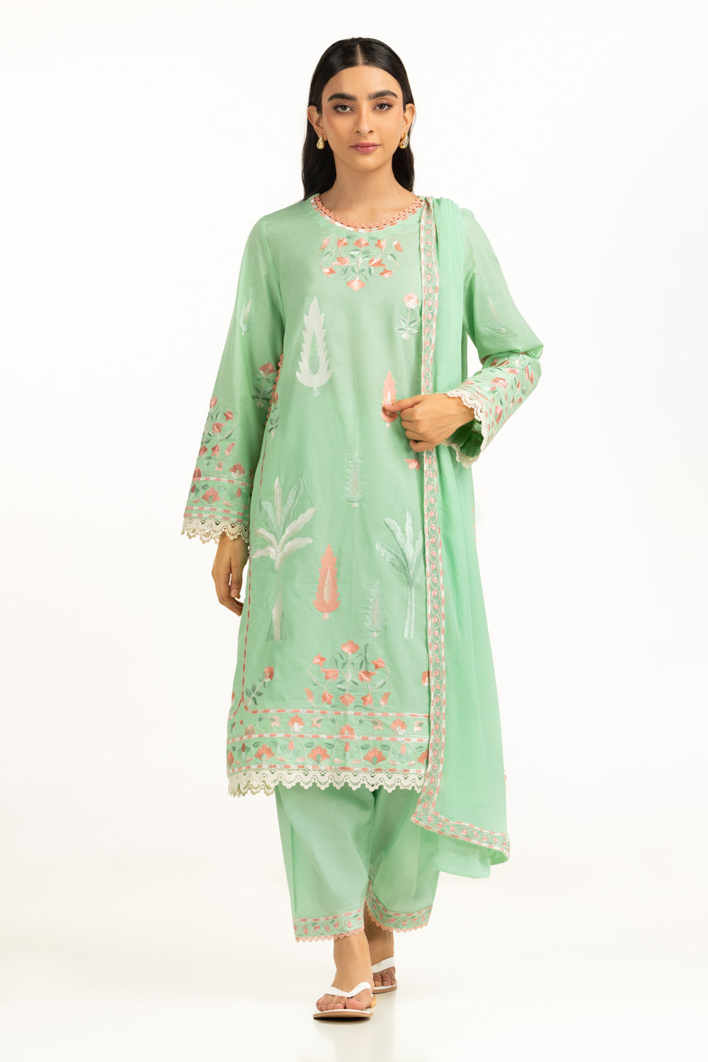 3Pc Cambric Embroidered Suit