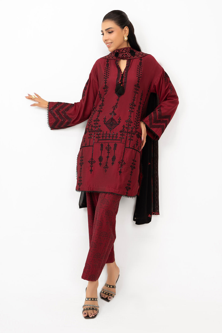 3Pc Cotton Silk Embroidered Suit