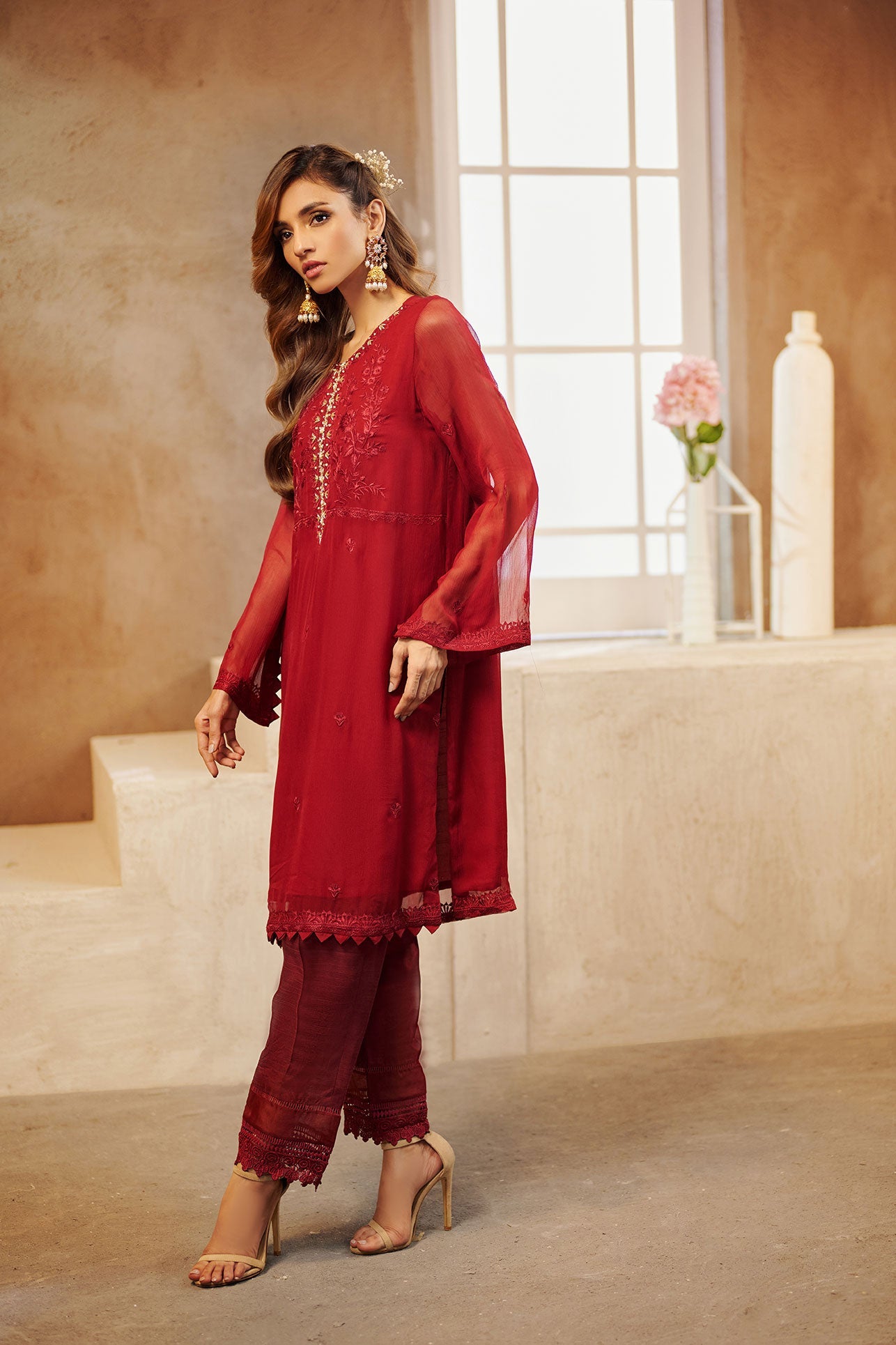 Da-1559 Maroon Embroidered Kurta