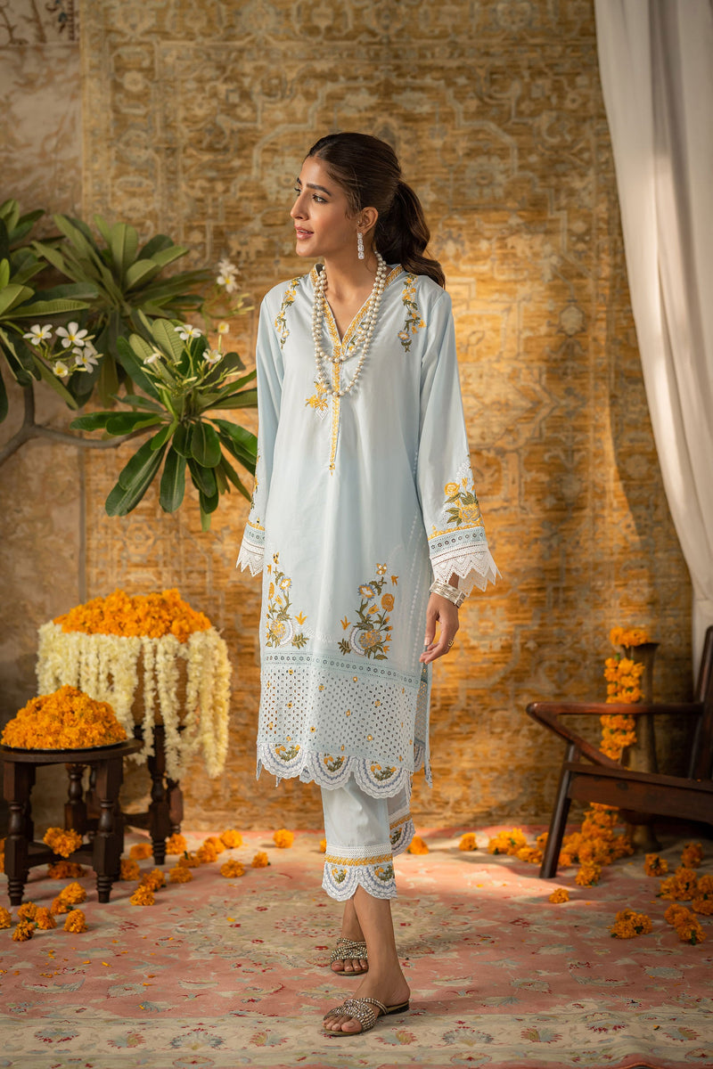 Dc-2058 Sky Blue 2Pcs Embroidered Kurta With Trouser