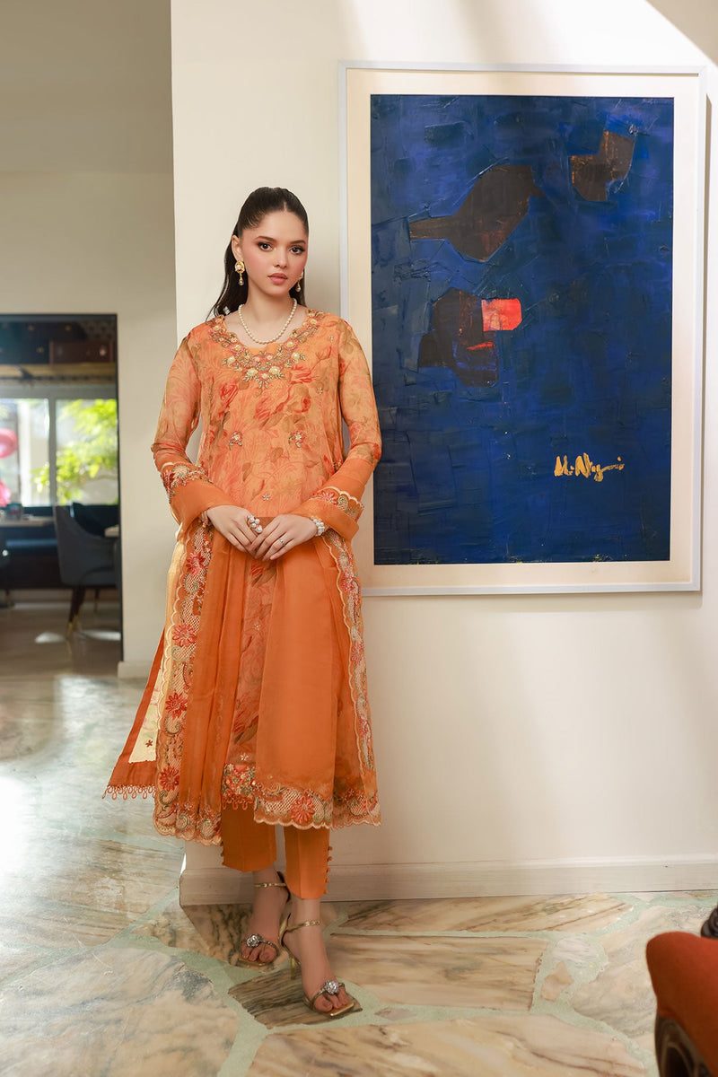 Ss25Da-2716 Orange 2Pcs Embroidered Kurta With Trouser