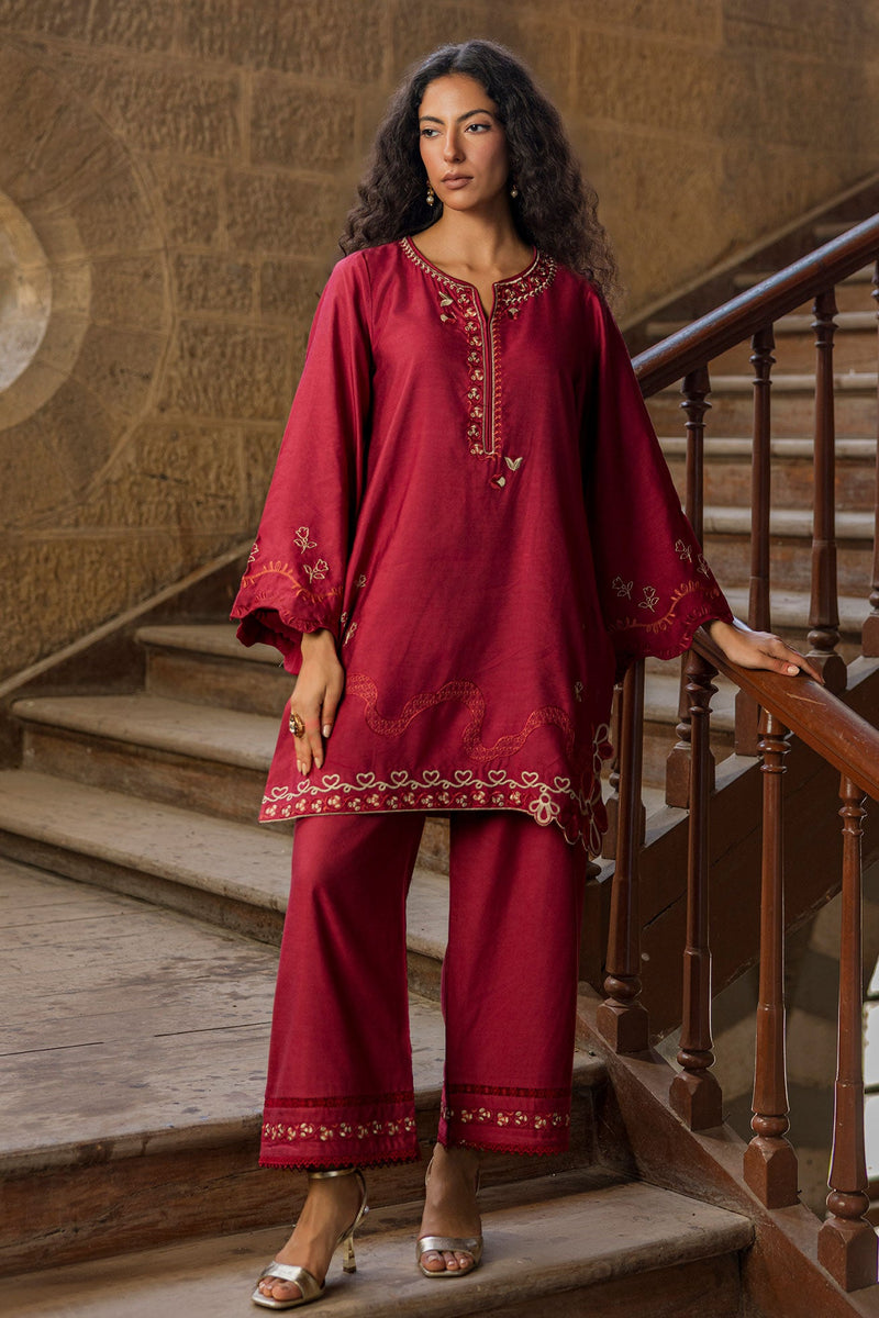 Ss26Da-2918 Maroon 2Pcs Embroidered Kurta With Trouser