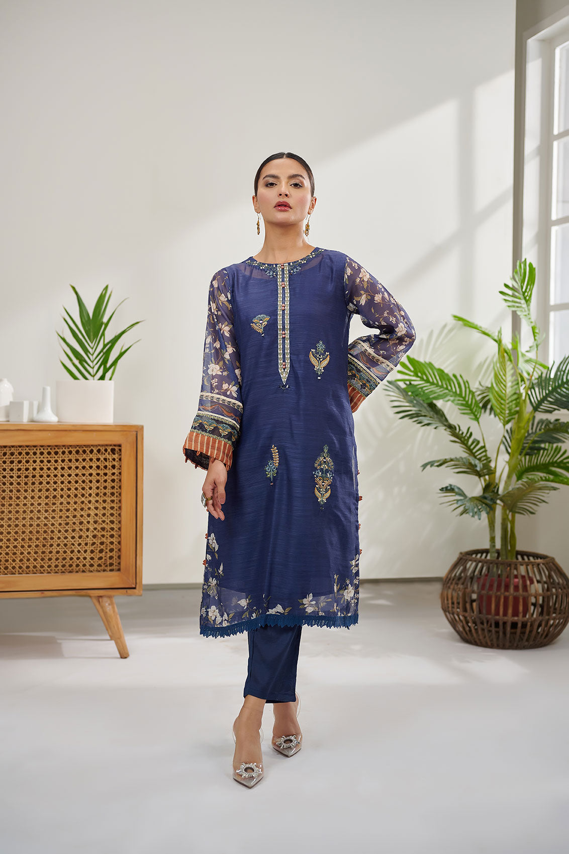 Dc-0383 Navy Blue 2Pcs Embroidered Kurta With Trouser