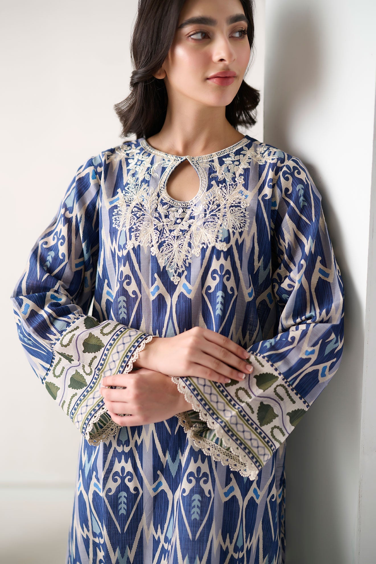 Dc-0546 Blue Printed Embroidered Kurta