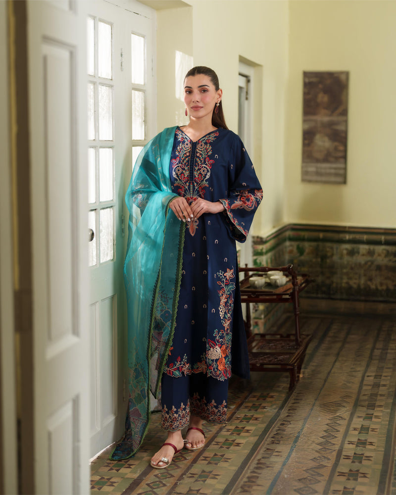 Liana Navy Blue Luxury Embroidered Lawn 3Pcs Set - Ready To Wear