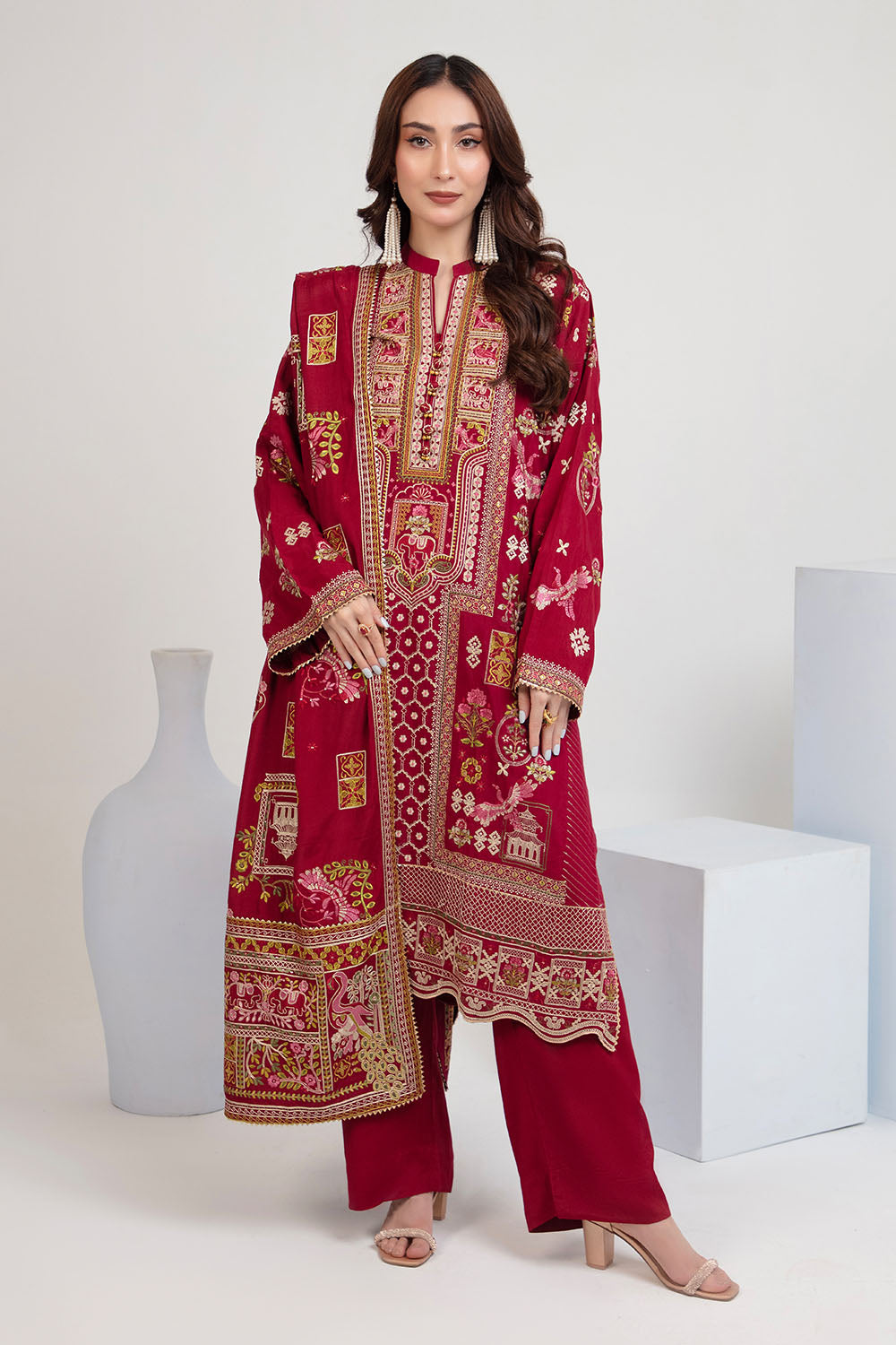 3 Piece Embroidered Raw Silk Suit With Dupatta