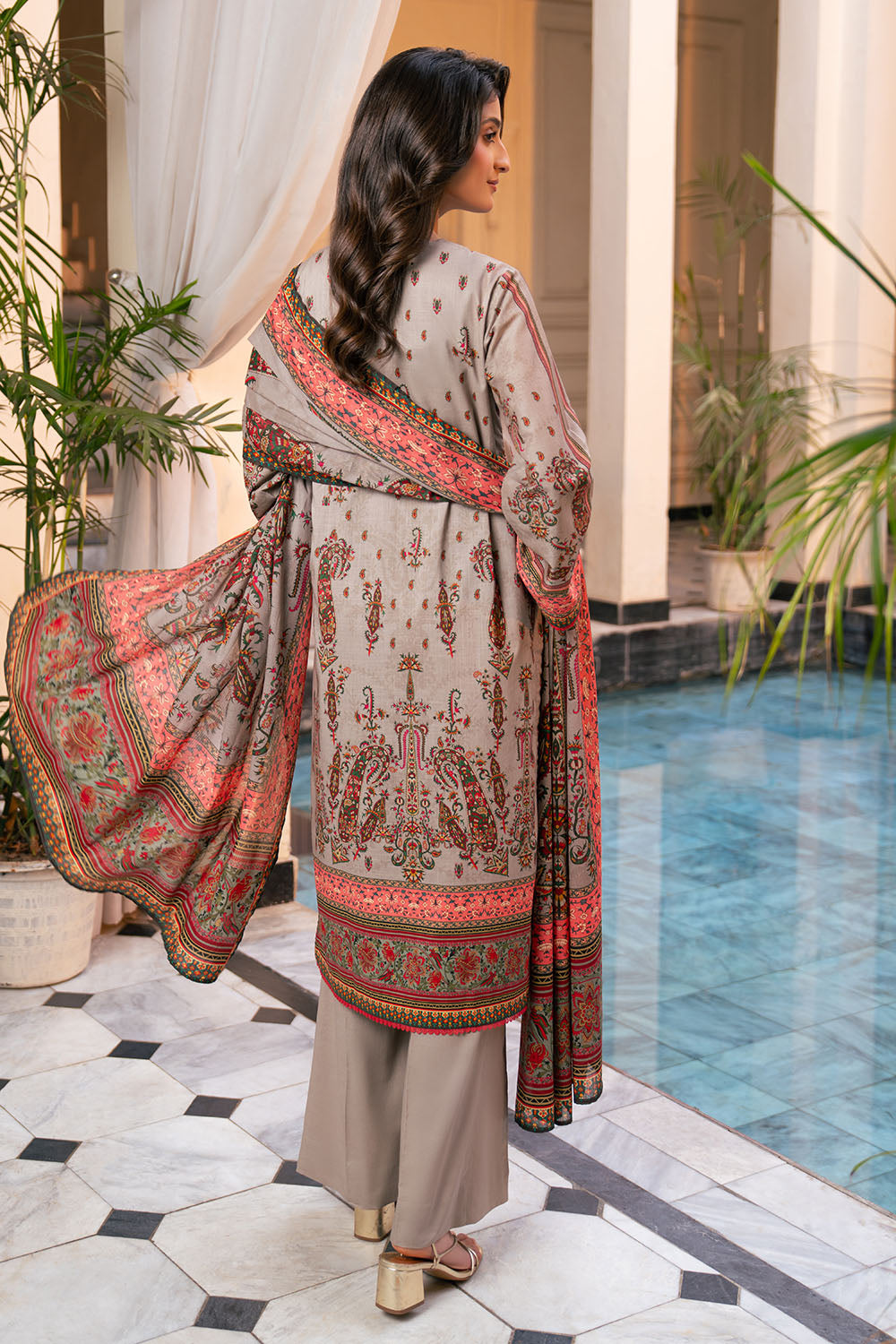 3 Piece Printed Cross Hatch Suit With Lawn Dupatta