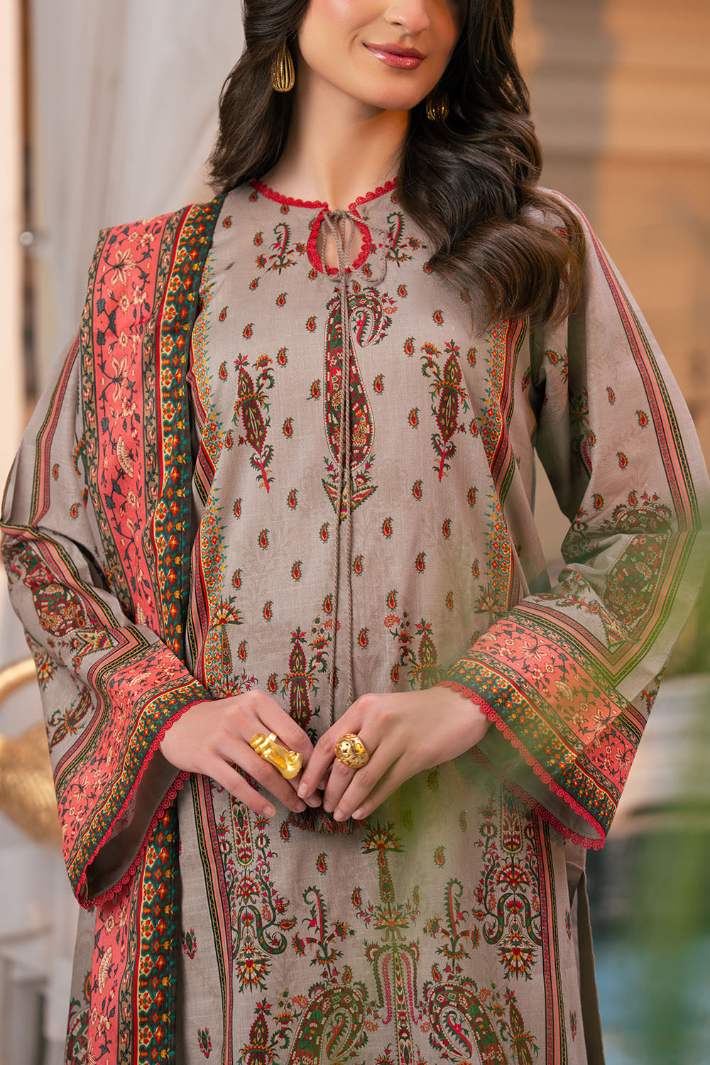 3 Piece Printed Cross Hatch Suit With Lawn Dupatta
