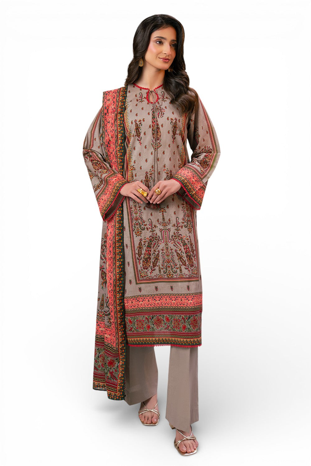 3 Piece Printed Cross Hatch Suit With Lawn Dupatta