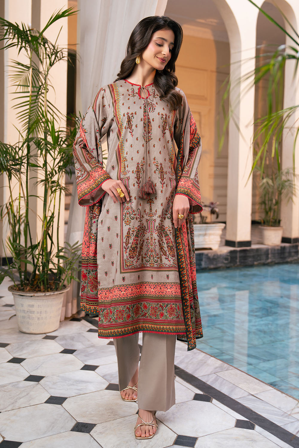 3 Piece Printed Cross Hatch Suit With Lawn Dupatta