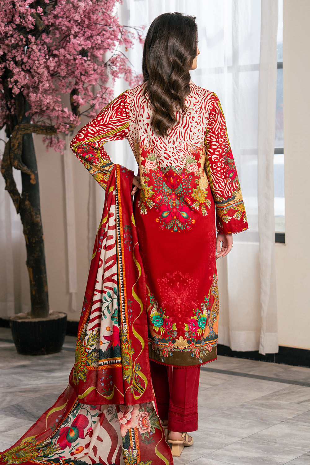 3 Piece Printed Cross Hatch Suit With Lawn Dupatta