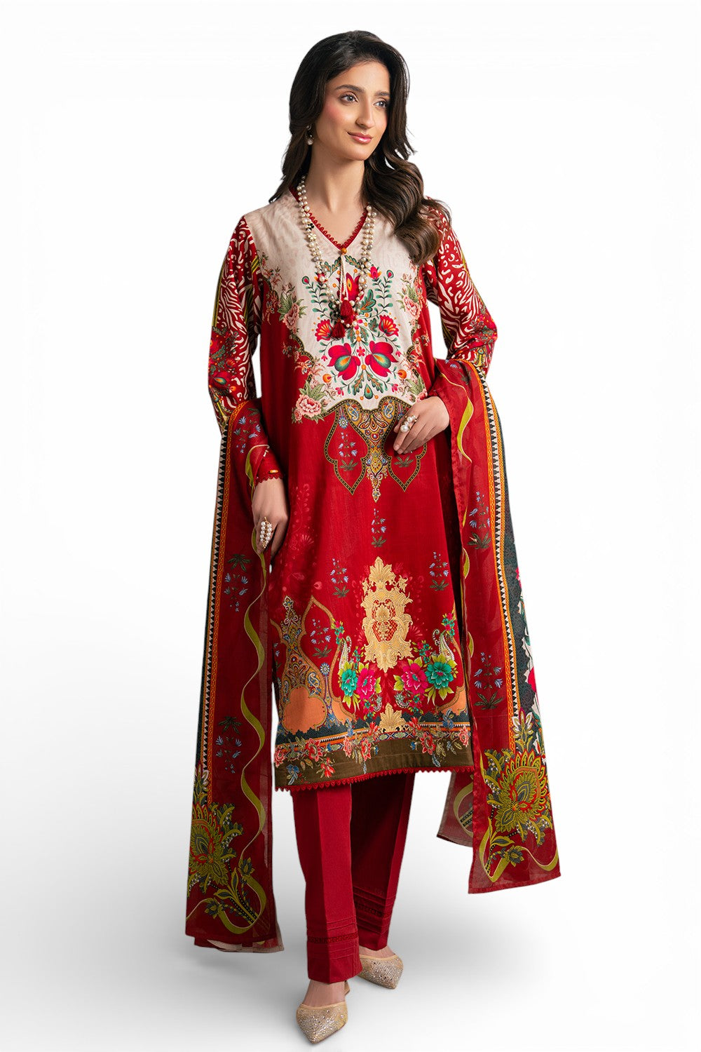 3 Piece Printed Cross Hatch Suit With Lawn Dupatta
