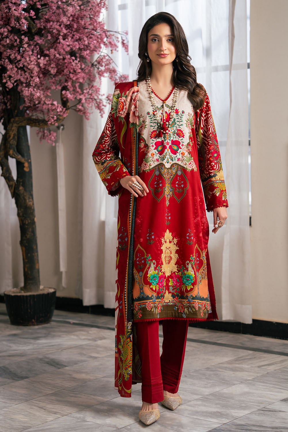 3 Piece Printed Cross Hatch Suit With Lawn Dupatta