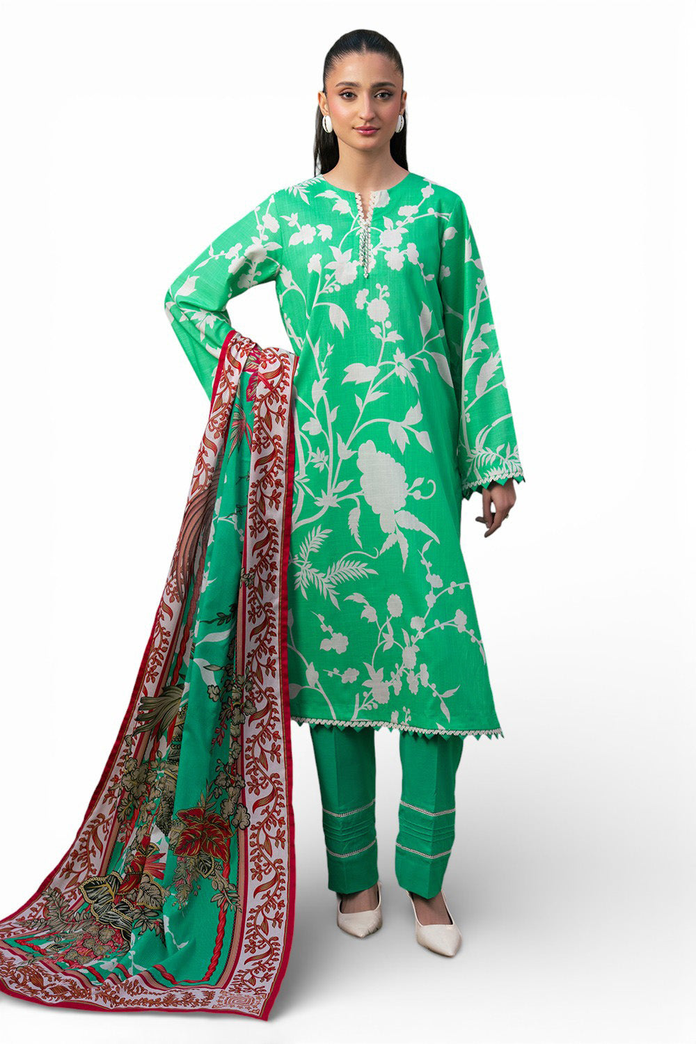 3 Piece Printed Cross Hatch Suit With Lawn Dupatta