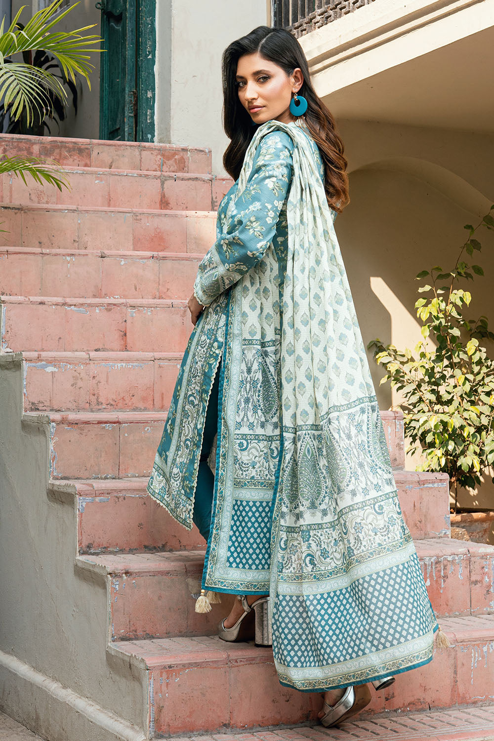 3 Piece Printed Cross Hatch Suit With Lawn Dupatta