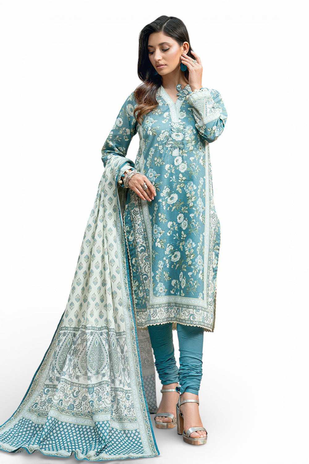 3 Piece Printed Cross Hatch Suit With Lawn Dupatta