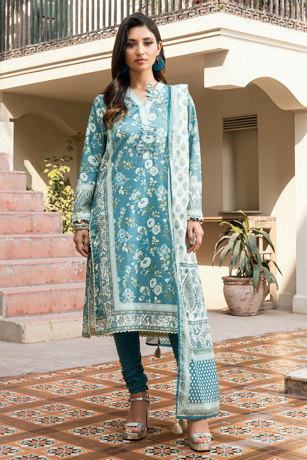 3 Piece Printed Cross Hatch Suit With Lawn Dupatta
