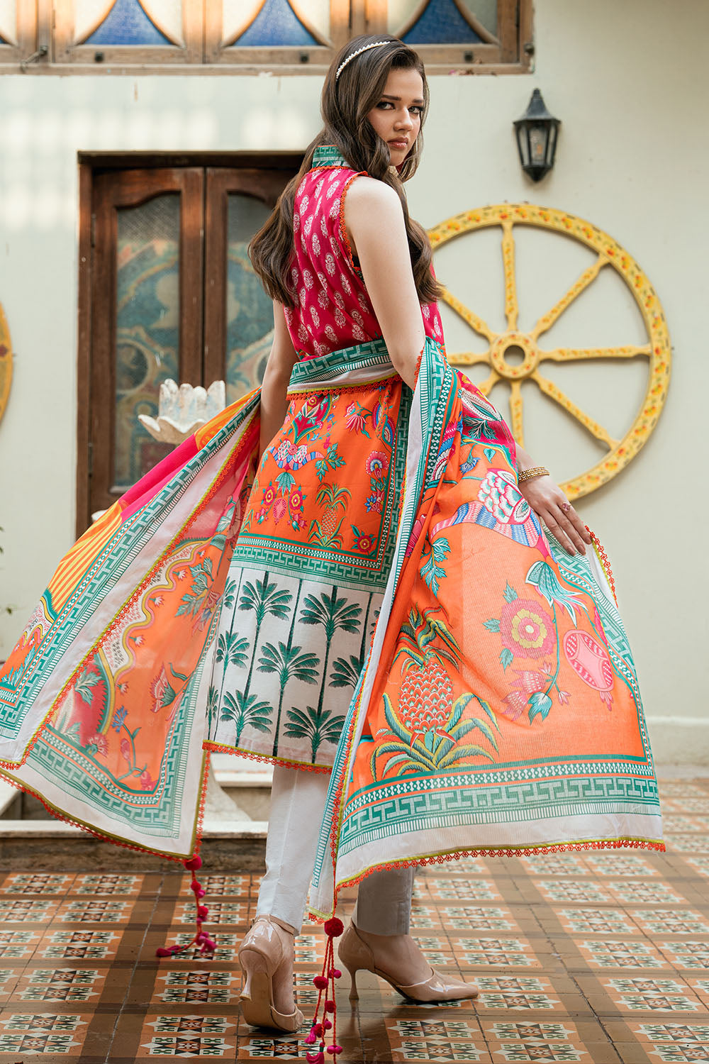 3 Piece Printed Cross Hatch Suit With Lawn Dupatta
