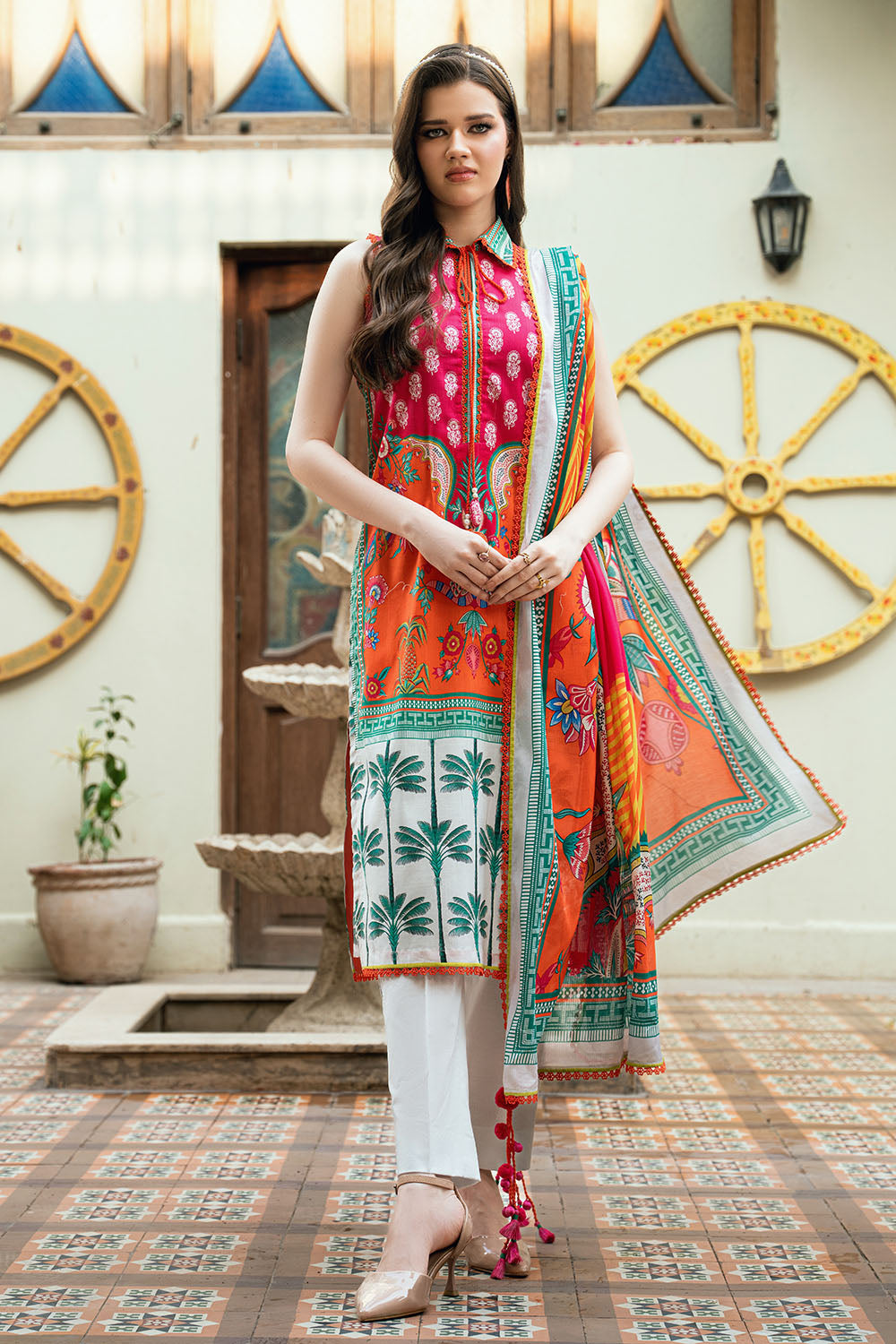 3 Piece Printed Cross Hatch Suit With Lawn Dupatta