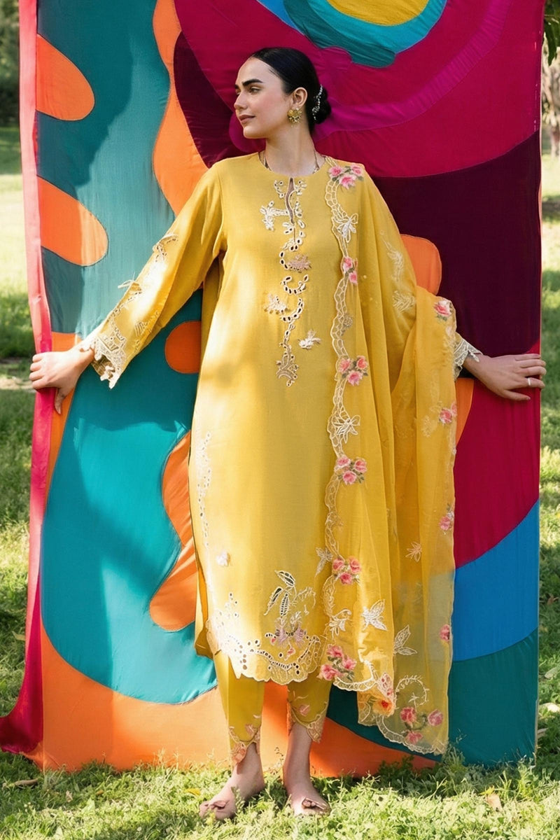Yellow Embroidered Slub Dupatta