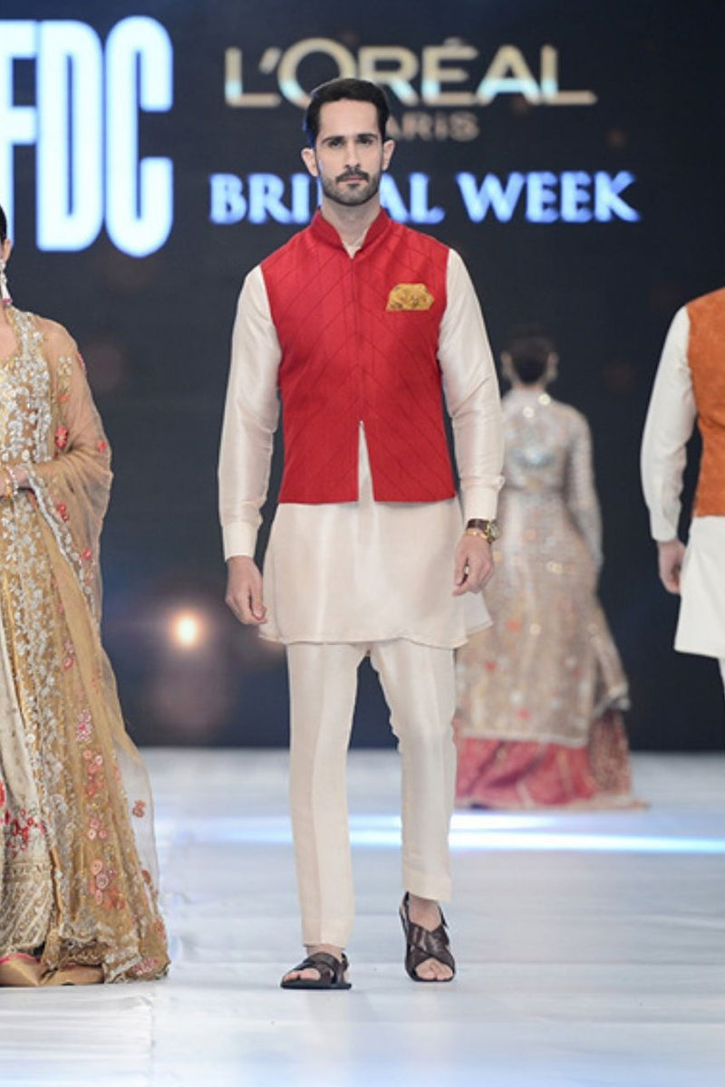 Red Raw Silk Waist Coat With Kurta And Trousers