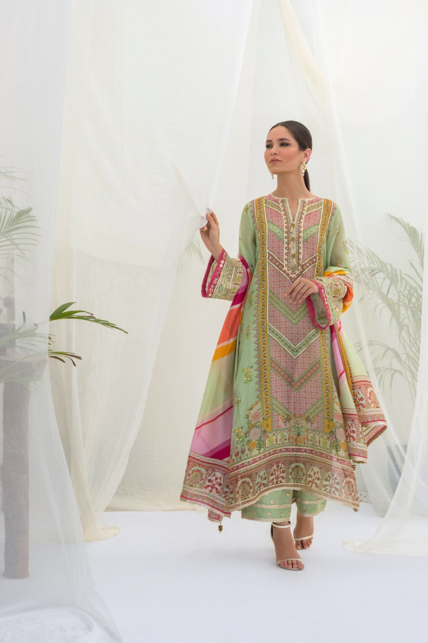 Printed Cotton Net Hand Work Kurta And Izaar With Dupatta