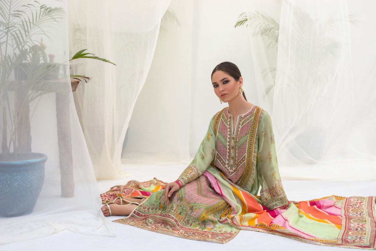 Printed Cotton Net Hand Work Kurta And Izaar With Dupatta