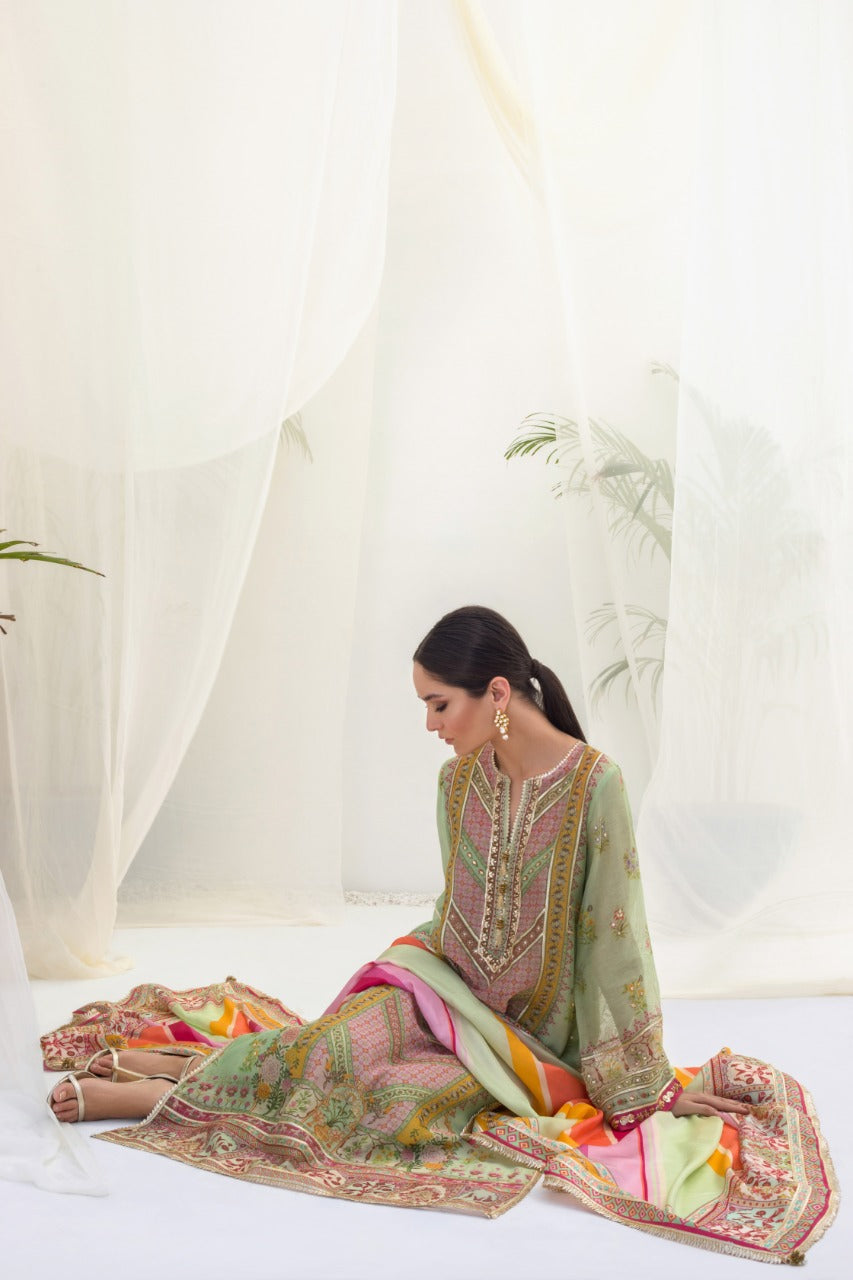 Printed Cotton Net Hand Work Kurta And Izaar With Dupatta