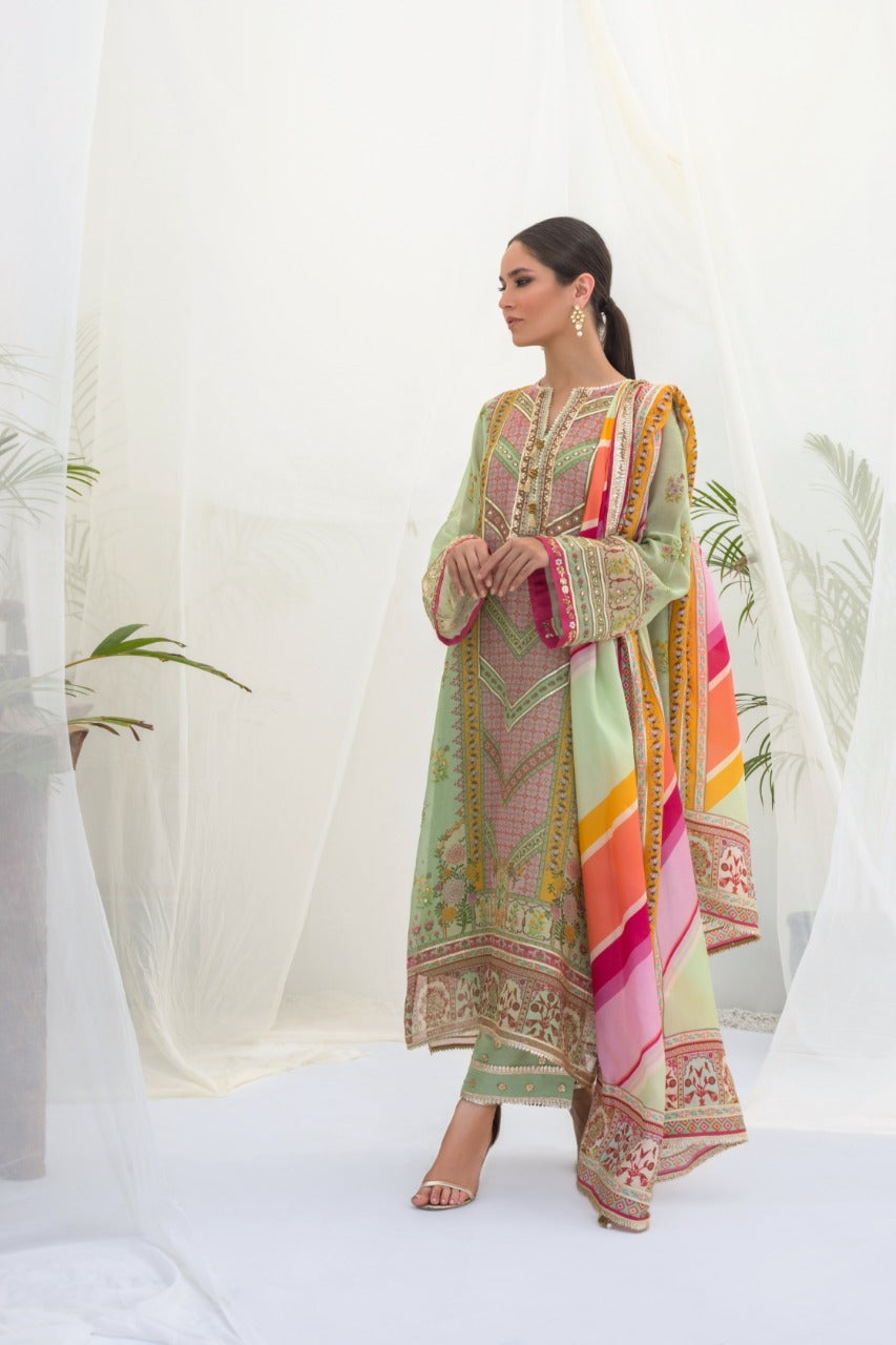 Printed Cotton Net Hand Work Kurta And Izaar With Dupatta