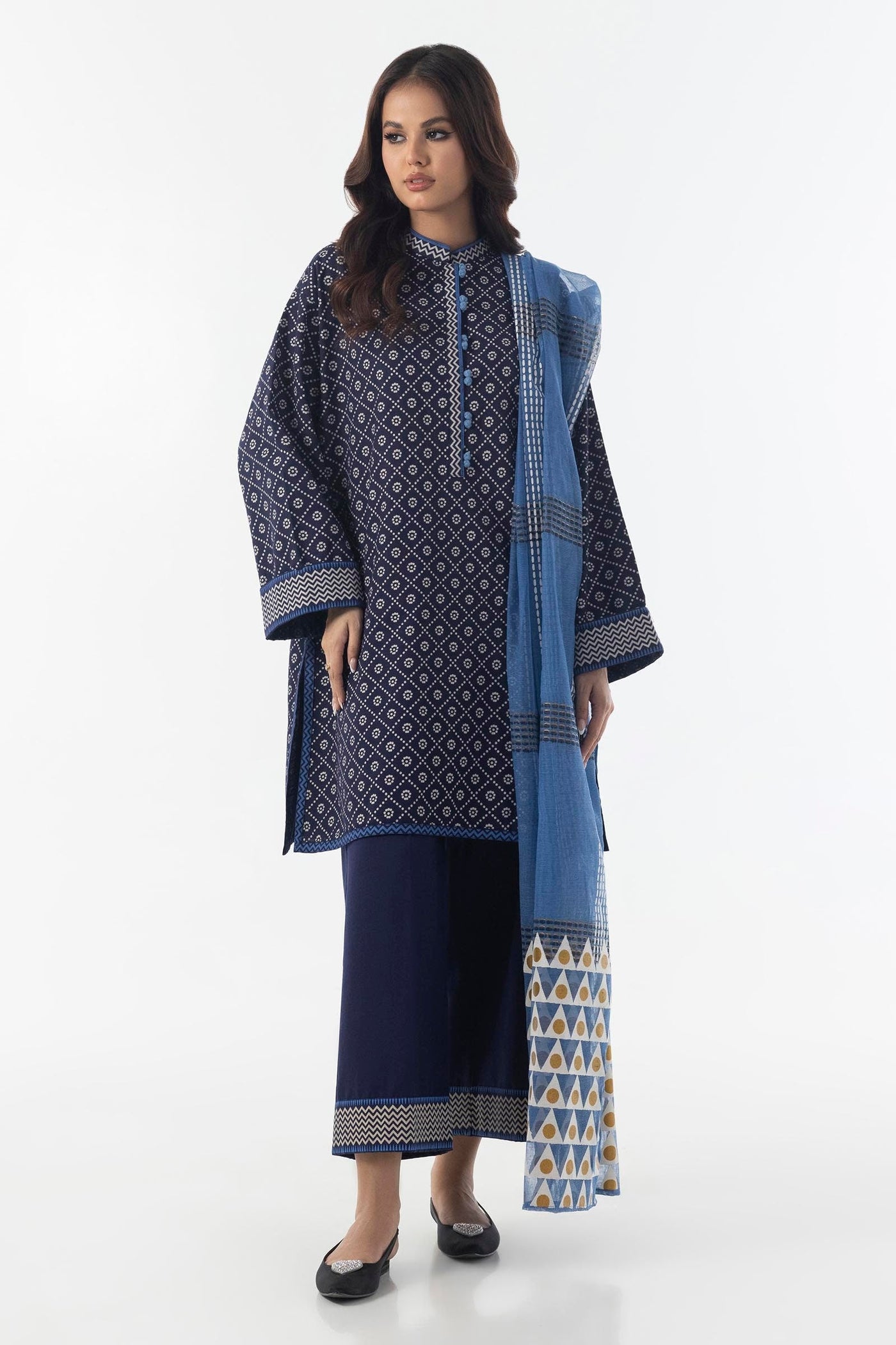 Stitched Navy Blue Boxy Printed Shirt+Culotte+Dupatta