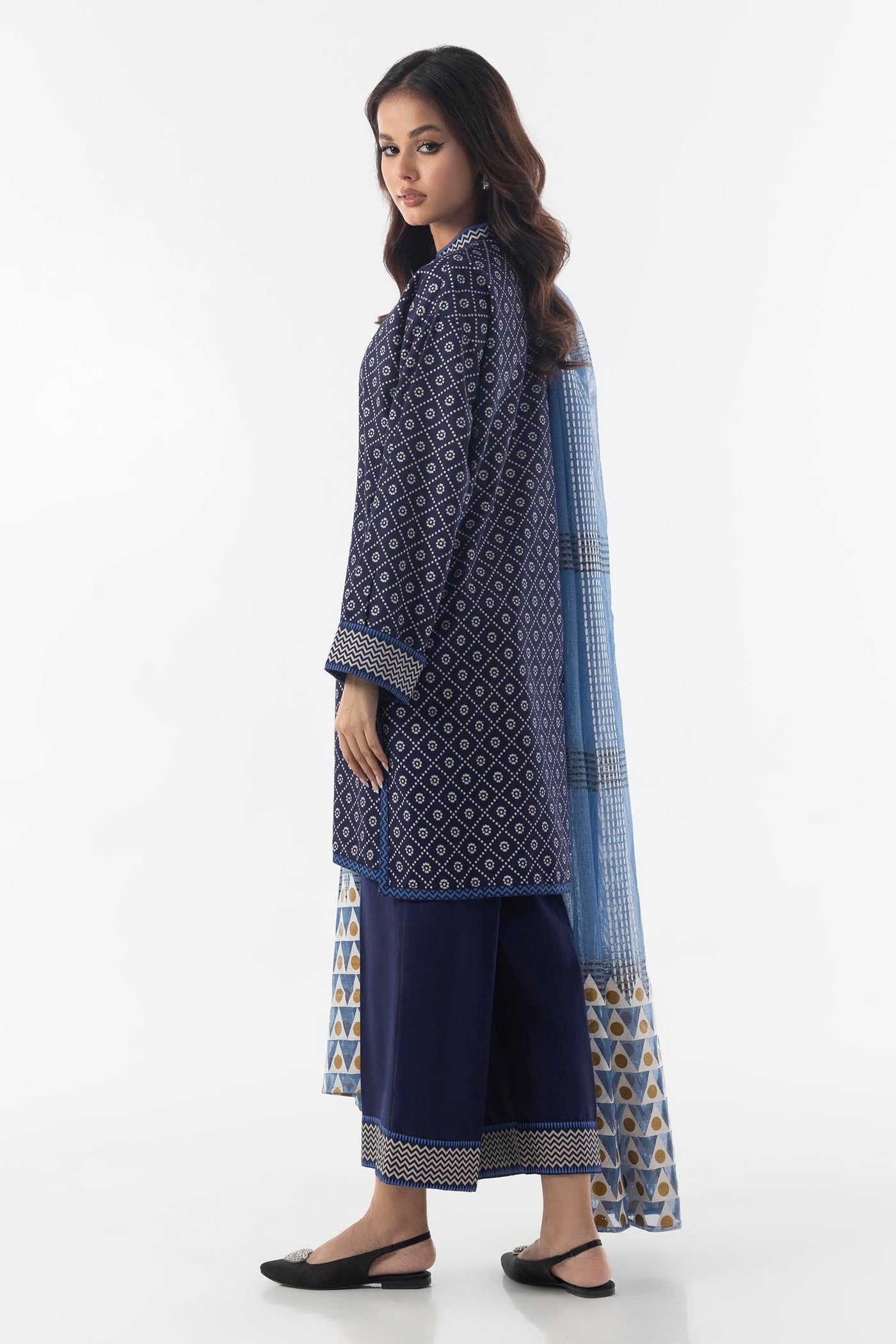 Stitched Navy Blue Boxy Printed Shirt+Culotte+Dupatta